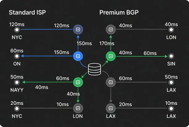 Chart comparing standard ISP vs premium BGP latency metrics