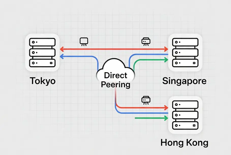 Network topology diagram showing Tokyo dedicated server hosting direct peering routes