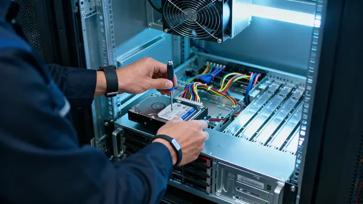 Vietnam Dedicated Server: Solving the Manufacturing Data Gap 3 Network Engineer performing hardware maintenance on Vietnam dedicated server chassis